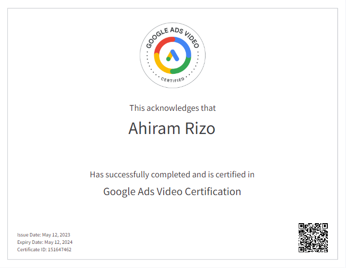 Ads  Video certificate